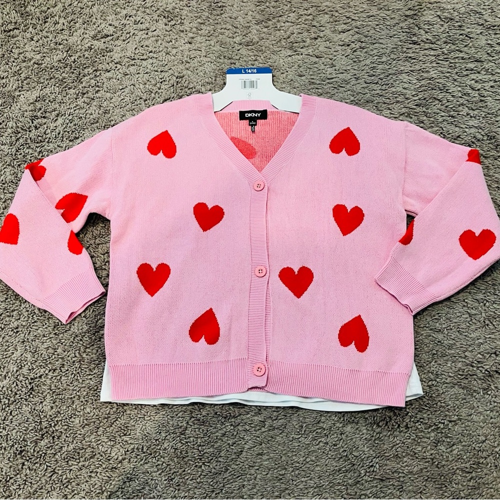 DKNY Pink and Red Hearts Cardigan with White T-shirt NEW